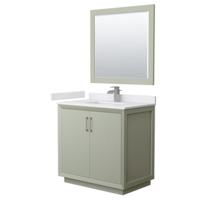 Strada 36 Inch Single Bathroom Vanity in Light Green White Cultured Marble Countertop Undermount Square Sink Brushed Nickel Trim 34 Inch Mirror