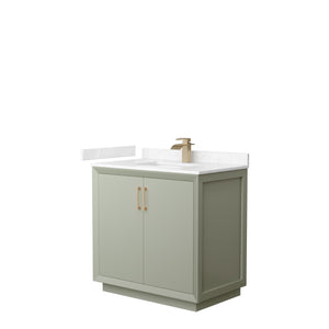 Strada 36 Inch Single Bathroom Vanity in Light Green Carrara Cultured Marble Countertop Undermount Square Sink Satin Bronze Trim