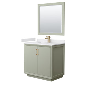 Strada 36 Inch Single Bathroom Vanity in Light Green White Cultured Marble Countertop Undermount Square Sink Satin Bronze Trim 34 Inch Mirror