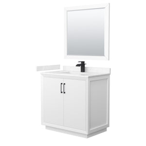 Strada 36 Inch Single Bathroom Vanity in White Carrara Cultured Marble Countertop Undermount Square Sink Matte Black Trim 34 Inch Mirror