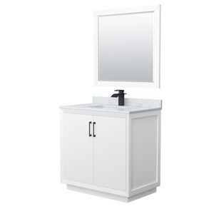 Strada 36 Inch Single Bathroom Vanity in White White Carrara Marble Countertop Undermount Square Sink Matte Black Trim 34 Inch Mirror