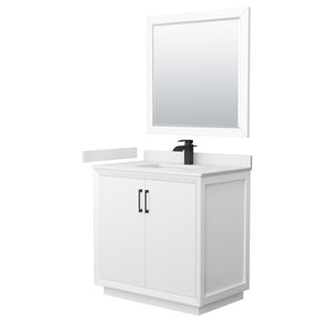 Strada 36 Inch Single Bathroom Vanity in White White Cultured Marble Countertop Undermount Square Sink Matte Black Trim 34 Inch Mirror