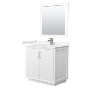 Strada 36 Inch Single Bathroom Vanity in White Carrara Cultured Marble Countertop Undermount Square Sink Brushed Nickel Trim 34 Inch Mirror