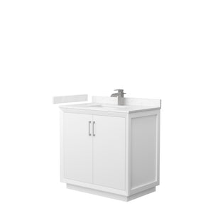 Strada 36 Inch Single Bathroom Vanity in White Carrara Cultured Marble Countertop Undermount Square Sink Brushed Nickel Trim