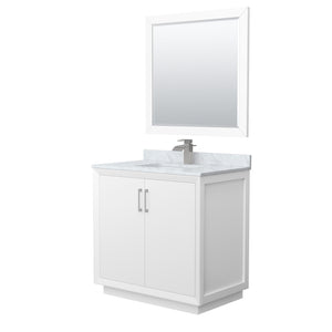 Strada 36 Inch Single Bathroom Vanity in White White Carrara Marble Countertop Undermount Square Sink Brushed Nickel Trim 34 Inch Mirror