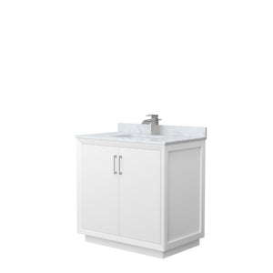 Strada 36 Inch Single Bathroom Vanity in White White Carrara Marble Countertop Undermount Square Sink Brushed Nickel Trim