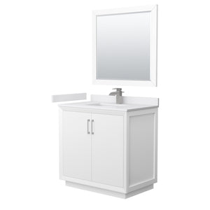 Strada 36 Inch Single Bathroom Vanity in White White Cultured Marble Countertop Undermount Square Sink Brushed Nickel Trim 34 Inch Mirror