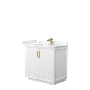Strada 36 Inch Single Bathroom Vanity in White Carrara Cultured Marble Countertop Undermount Square Sink Satin Bronze Trim