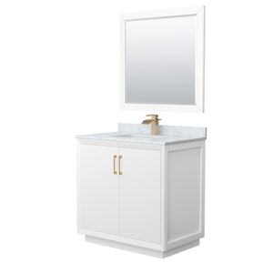 Strada 36 Inch Single Bathroom Vanity in White White Carrara Marble Countertop Undermount Square Sink Satin Bronze Trim 34 Inch Mirror