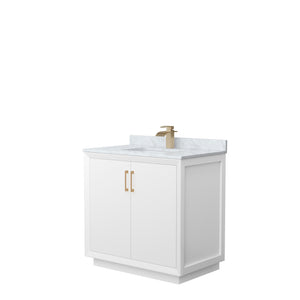 Strada 36 Inch Single Bathroom Vanity in White White Carrara Marble Countertop Undermount Square Sink Satin Bronze Trim