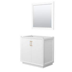 Strada 36 Inch Single Bathroom Vanity in White No Countertop No Sink Satin Bronze Trim 34 Inch Mirror