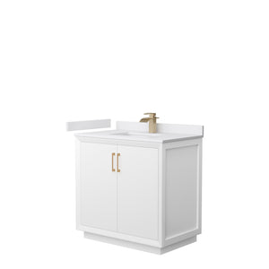 Strada 36 Inch Single Bathroom Vanity in White White Cultured Marble Countertop Undermount Square Sink Satin Bronze Trim
