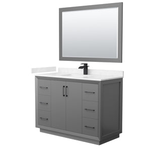 Strada 48 Inch Single Bathroom Vanity in Dark Gray Carrara Cultured Marble Countertop Undermount Square Sink Matte Black Trim 46 Inch Mirror