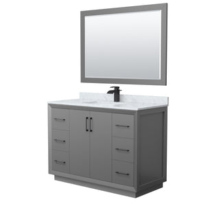 Strada 48 Inch Single Bathroom Vanity in Dark Gray White Carrara Marble Countertop Undermount Square Sink Matte Black Trim 46 Inch Mirror