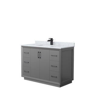 Strada 48 Inch Single Bathroom Vanity in Dark Gray White Carrara Marble Countertop Undermount Square Sink Matte Black Trim