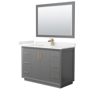 Strada 48 Inch Single Bathroom Vanity in Dark Gray Carrara Cultured Marble Countertop Undermount Square Sink Satin Bronze Trim 46 Inch Mirror