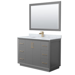 Strada 48 Inch Single Bathroom Vanity in Dark Gray White Carrara Marble Countertop Undermount Square Sink Satin Bronze Trim 46 Inch Mirror