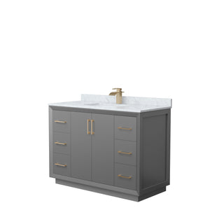 Strada 48 Inch Single Bathroom Vanity in Dark Gray White Carrara Marble Countertop Undermount Square Sink Satin Bronze Trim