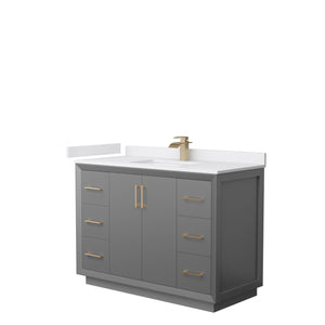 Strada 48 Inch Single Bathroom Vanity in Dark Gray White Cultured Marble Countertop Undermount Square Sink Satin Bronze Trim