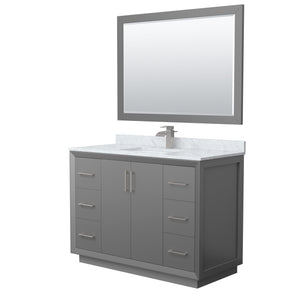 Strada 48 Inch Single Bathroom Vanity in Dark Gray White Carrara Marble Countertop Undermount Square Sink Brushed Nickel Trim 46 Inch Mirror
