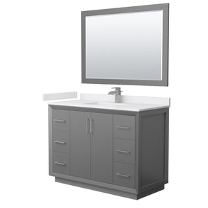 Strada 48 Inch Single Bathroom Vanity in Dark Gray White Cultured Marble Countertop Undermount Square Sink Brushed Nickel Trim 46 Inch Mirror