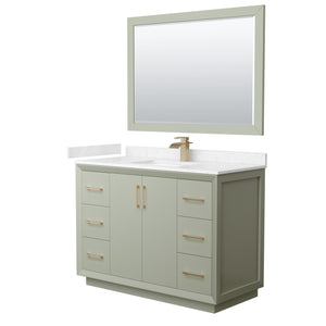 Strada 48 Inch Single Bathroom Vanity in Light Green Carrara Cultured Marble Countertop Undermount Square Sink Satin Bronze Trim 46 Inch Mirror
