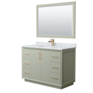 Strada 48 Inch Single Bathroom Vanity in Light Green White Carrara Marble Countertop Undermount Square Sink Satin Bronze Trim 46 Inch Mirror