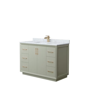Strada 48 Inch Single Bathroom Vanity in Light Green White Carrara Marble Countertop Undermount Square Sink Satin Bronze Trim
