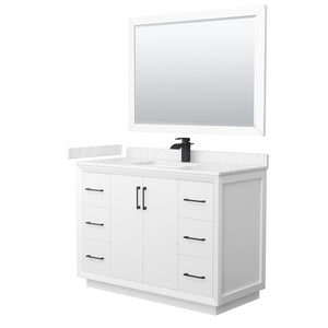 Strada 48 Inch Single Bathroom Vanity in White Carrara Cultured Marble Countertop Undermount Square Sink Matte Black Trim 46 Inch Mirror