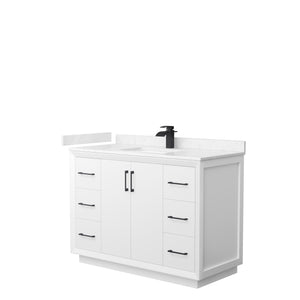 Strada 48 Inch Single Bathroom Vanity in White Carrara Cultured Marble Countertop Undermount Square Sink Matte Black Trim