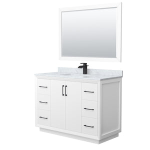 Strada 48 Inch Single Bathroom Vanity in White White Carrara Marble Countertop Undermount Square Sink Matte Black Trim 46 Inch Mirror