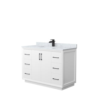 Strada 48 Inch Single Bathroom Vanity in White White Carrara Marble Countertop Undermount Square Sink Matte Black Trim