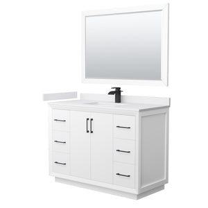 Strada 48 Inch Single Bathroom Vanity in White White Cultured Marble Countertop Undermount Square Sink Matte Black Trim 46 Inch Mirror