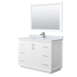 Strada 48 Inch Single Bathroom Vanity in White White Carrara Marble Countertop Undermount Square Sink Brushed Nickel Trim 46 Inch Mirror