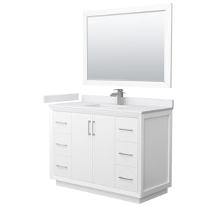 Strada 48 Inch Single Bathroom Vanity in White White Cultured Marble Countertop Undermount Square Sink Brushed Nickel Trim 46 Inch Mirror