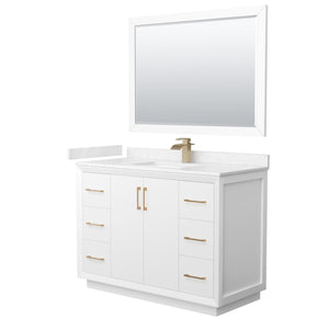 Strada 48 Inch Single Bathroom Vanity in White Carrara Cultured Marble Countertop Undermount Square Sink Satin Bronze Trim 46 Inch Mirror