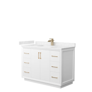 Strada 48 Inch Single Bathroom Vanity in White Carrara Cultured Marble Countertop Undermount Square Sink Satin Bronze Trim