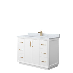 Strada 48 Inch Single Bathroom Vanity in White White Carrara Marble Countertop Undermount Square Sink Satin Bronze Trim