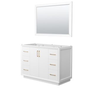 Strada 48 Inch Single Bathroom Vanity in White No Countertop No Sink Satin Bronze Trim 46 Inch Mirror