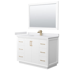 Strada 48 Inch Single Bathroom Vanity in White White Cultured Marble Countertop Undermount Square Sink Satin Bronze Trim 46 Inch Mirror