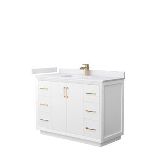 Strada 48 Inch Single Bathroom Vanity in White White Cultured Marble Countertop Undermount Square Sink Satin Bronze Trim