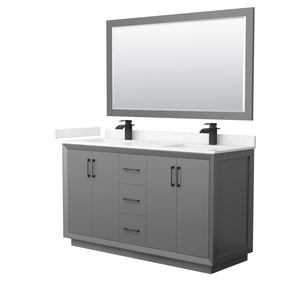 Strada 60 Inch Double Bathroom Vanity in Dark Gray Carrara Cultured Marble Countertop Undermount Square Sink Matte Black Trim 58 Inch Mirror