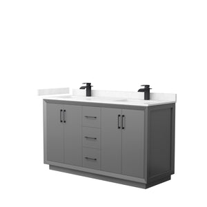 Strada 60 Inch Double Bathroom Vanity in Dark Gray Carrara Cultured Marble Countertop Undermount Square Sink Matte Black Trim