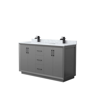 Strada 60 Inch Double Bathroom Vanity in Dark Gray White Carrara Marble Countertop Undermount Square Sink Matte Black Trim
