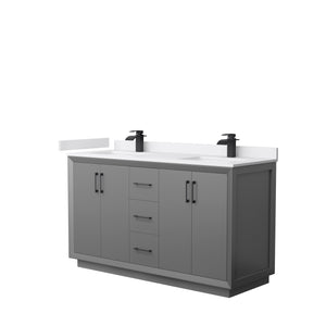 Strada 60 Inch Double Bathroom Vanity in Dark Gray White Cultured Marble Countertop Undermount Square Sink Matte Black Trim