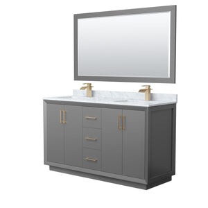 Strada 60 Inch Double Bathroom Vanity in Dark Gray White Carrara Marble Countertop Undermount Square Sink Satin Bronze Trim 58 Inch Mirror