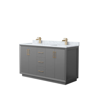 Strada 60 Inch Double Bathroom Vanity in Dark Gray White Carrara Marble Countertop Undermount Square Sink Satin Bronze Trim
