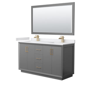 Strada 60 Inch Double Bathroom Vanity in Dark Gray White Cultured Marble Countertop Undermount Square Sink Satin Bronze Trim 58 Inch Mirror