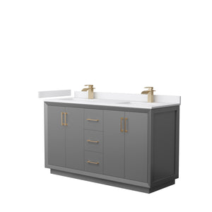 Strada 60 Inch Double Bathroom Vanity in Dark Gray White Cultured Marble Countertop Undermount Square Sink Satin Bronze Trim