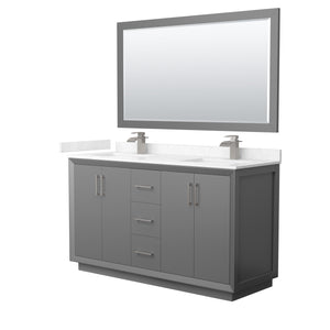 Strada 60 Inch Double Bathroom Vanity in Dark Gray Carrara Cultured Marble Countertop Undermount Square Sink Brushed Nickel Trim 58 Inch Mirror
